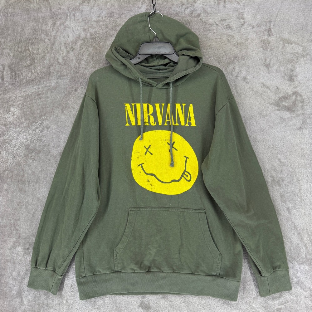 Nirvana Hoodie Mens L Smiley Face Logo Green Graphic Rock EUC